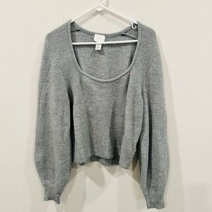 Gray Ribbed Square Neck Balloon Sleeve Cropped Sweater Women's H&M Size L Chic